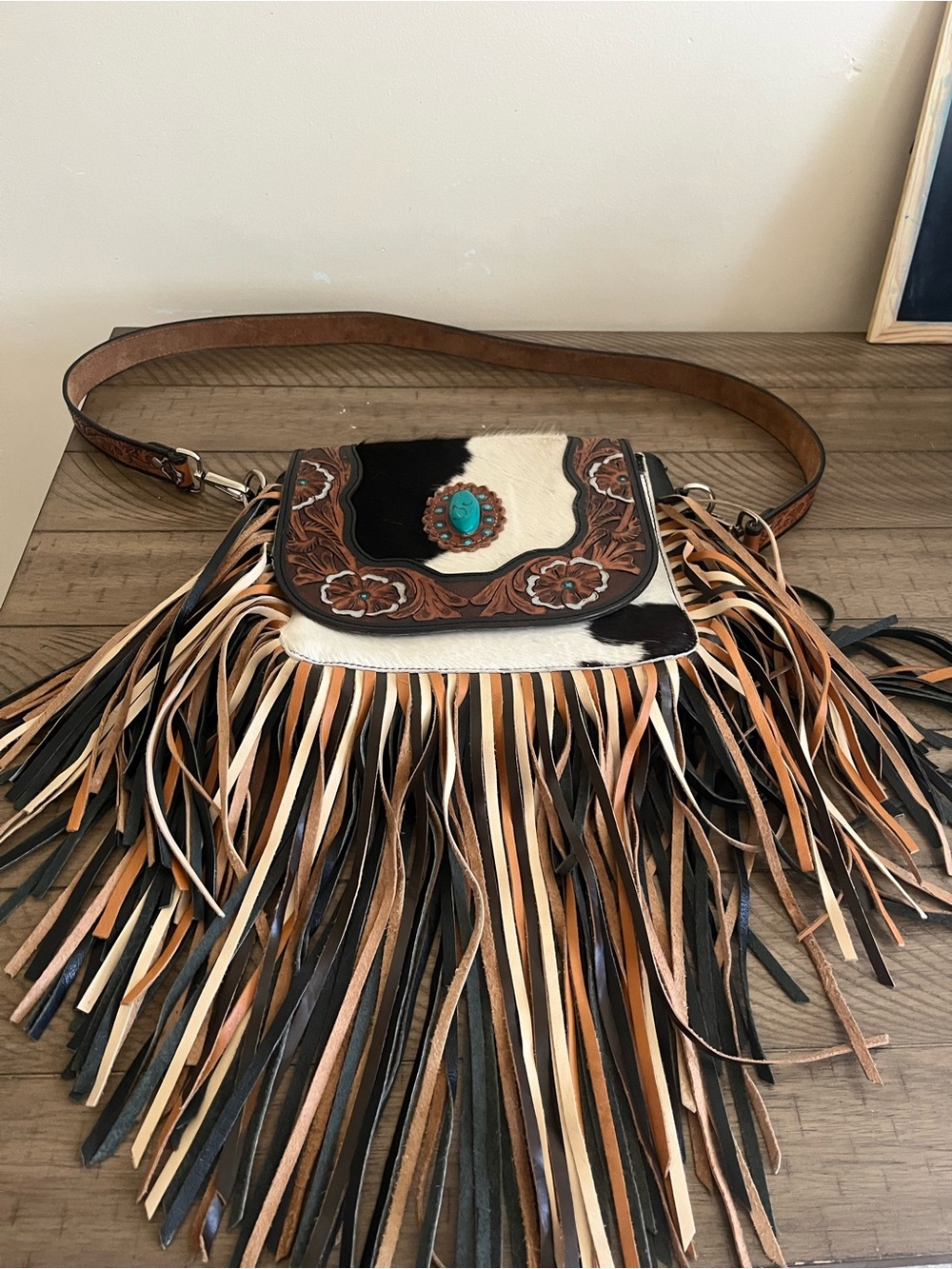 Boho Fringe Crossbody Bag with Turquoise Concho - Black, White & Brown